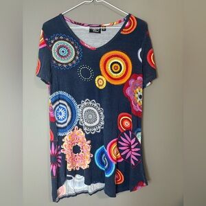 Vibrant psychedelic size small Colorful Patterned Women's Top with beaded accent